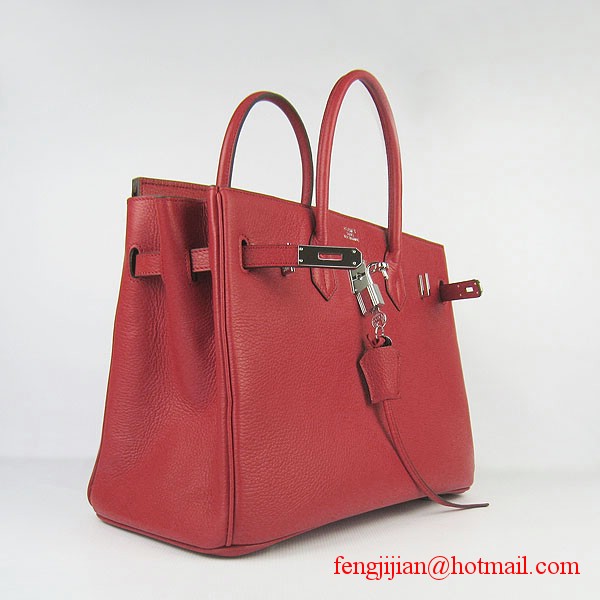 Hermes 35cm Embossed Veins Leather Bag Red 6089 Silver Hardware